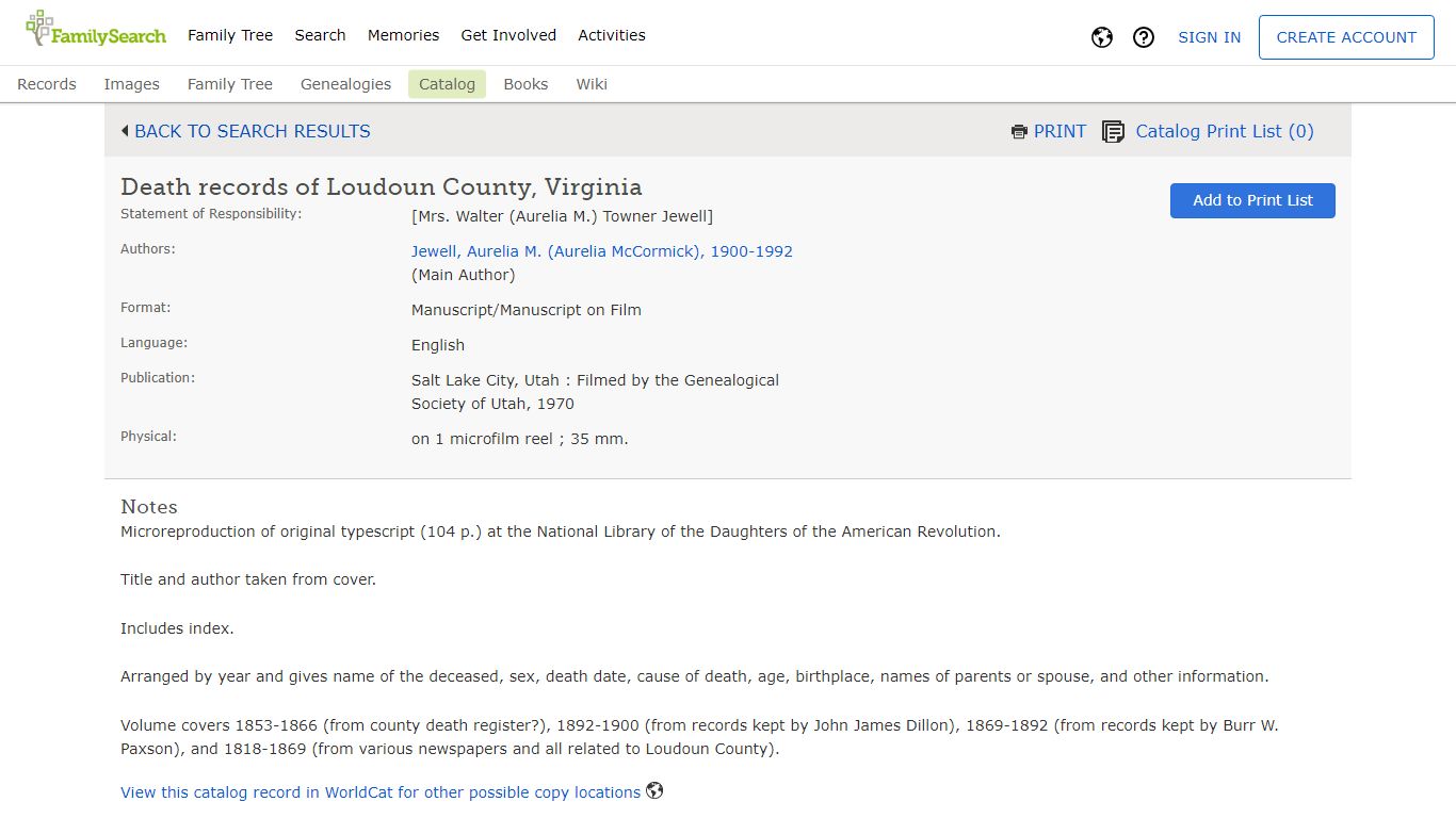 FamilySearch Catalog: Death records of Loudoun County ...